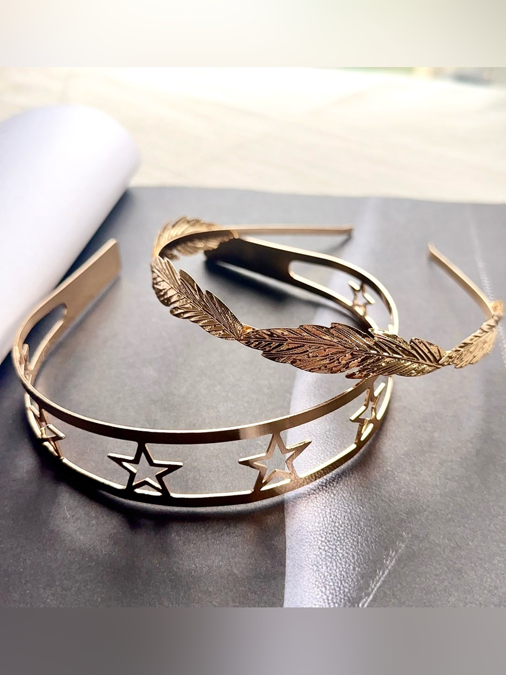 Set of 2 Gold Feather and Star Metal Headbands - Women Accessories